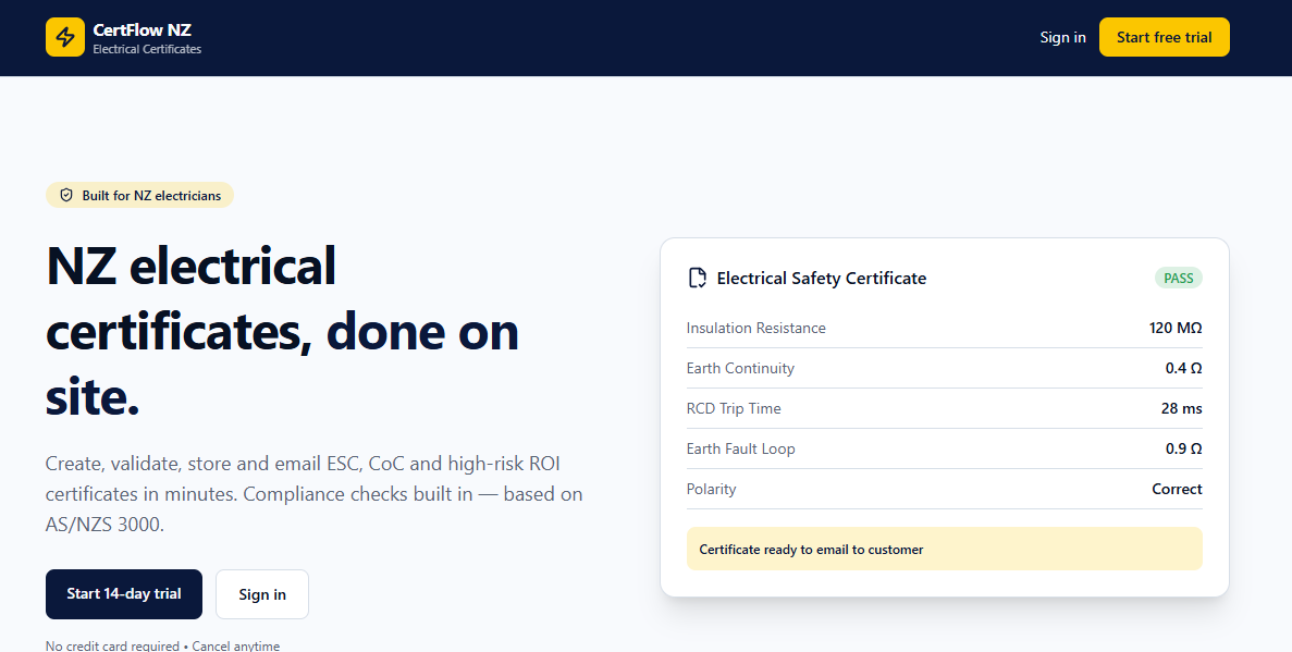 Página web de CertFlow NZ para la creación de certificados eléctricos