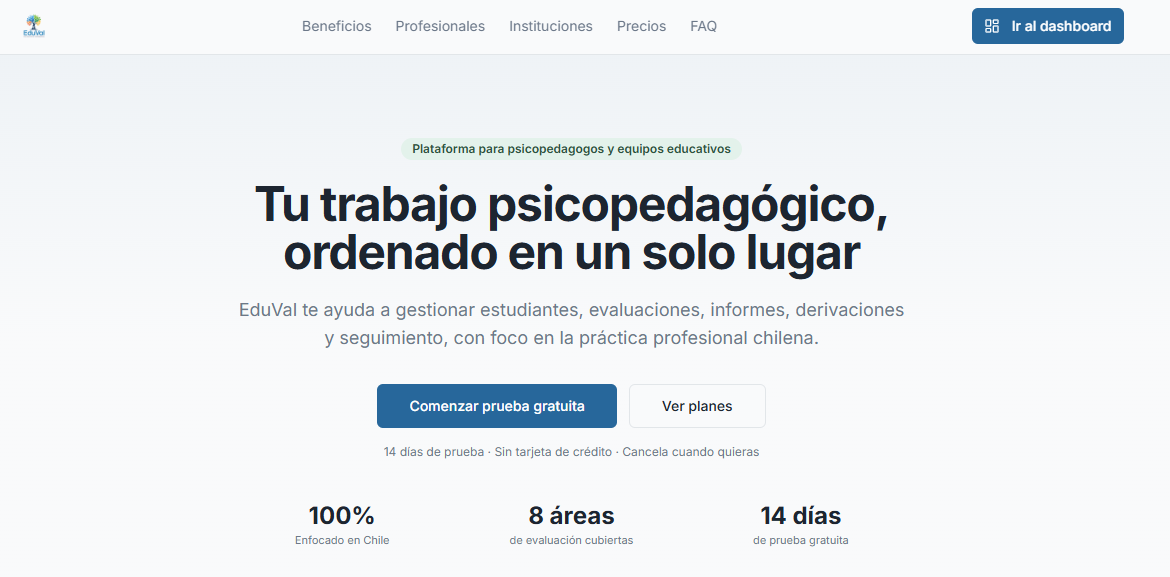 Página web de EduVal, plataforma para psicopedagogos y equipos educativos