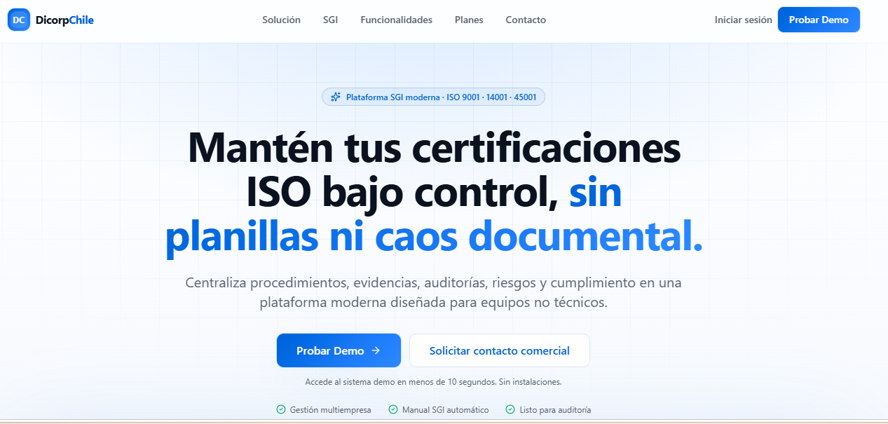 Página web comercial del Software ISO desarrollado para Dicorp SpA